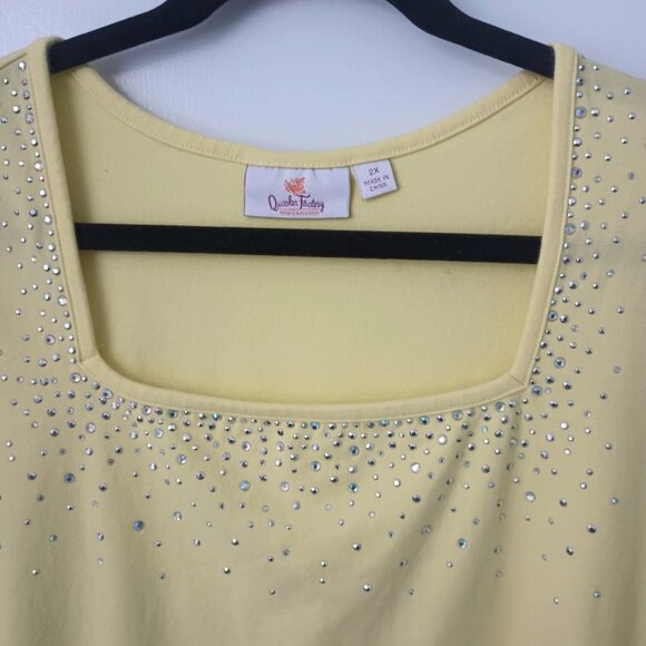 Quacker Factory 2x Bright Yellow Embellished Cotton T - Picture 5 of 9